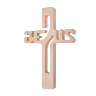 Drewniany krzyż wiszący napis JEZUS